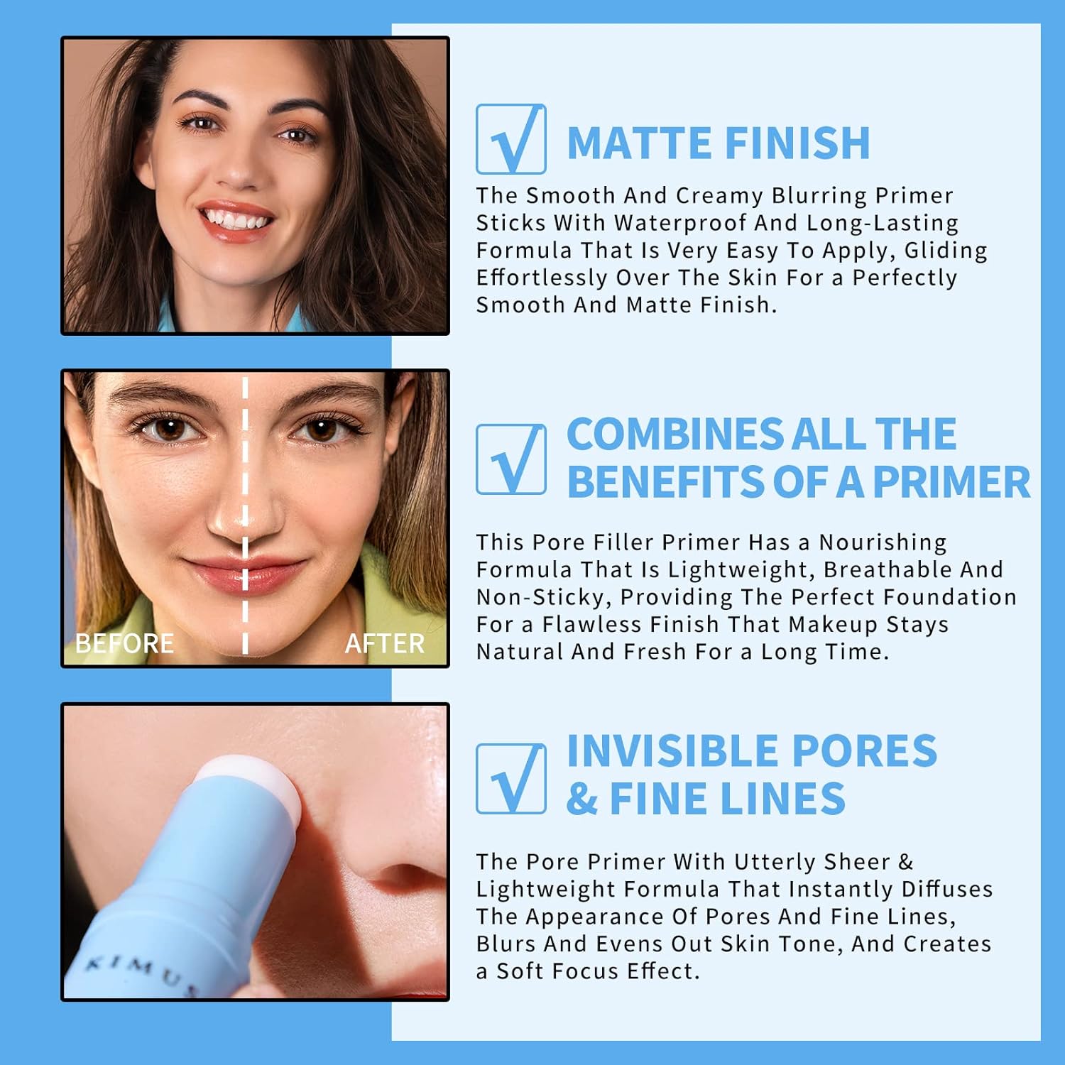 KIMUSE Primer Face Makeup Blur Primer Stick, Lightweight, Smooths, Long-Lasting, Minimize Pores, Flawless Finish, Face Primer for All Skin Types