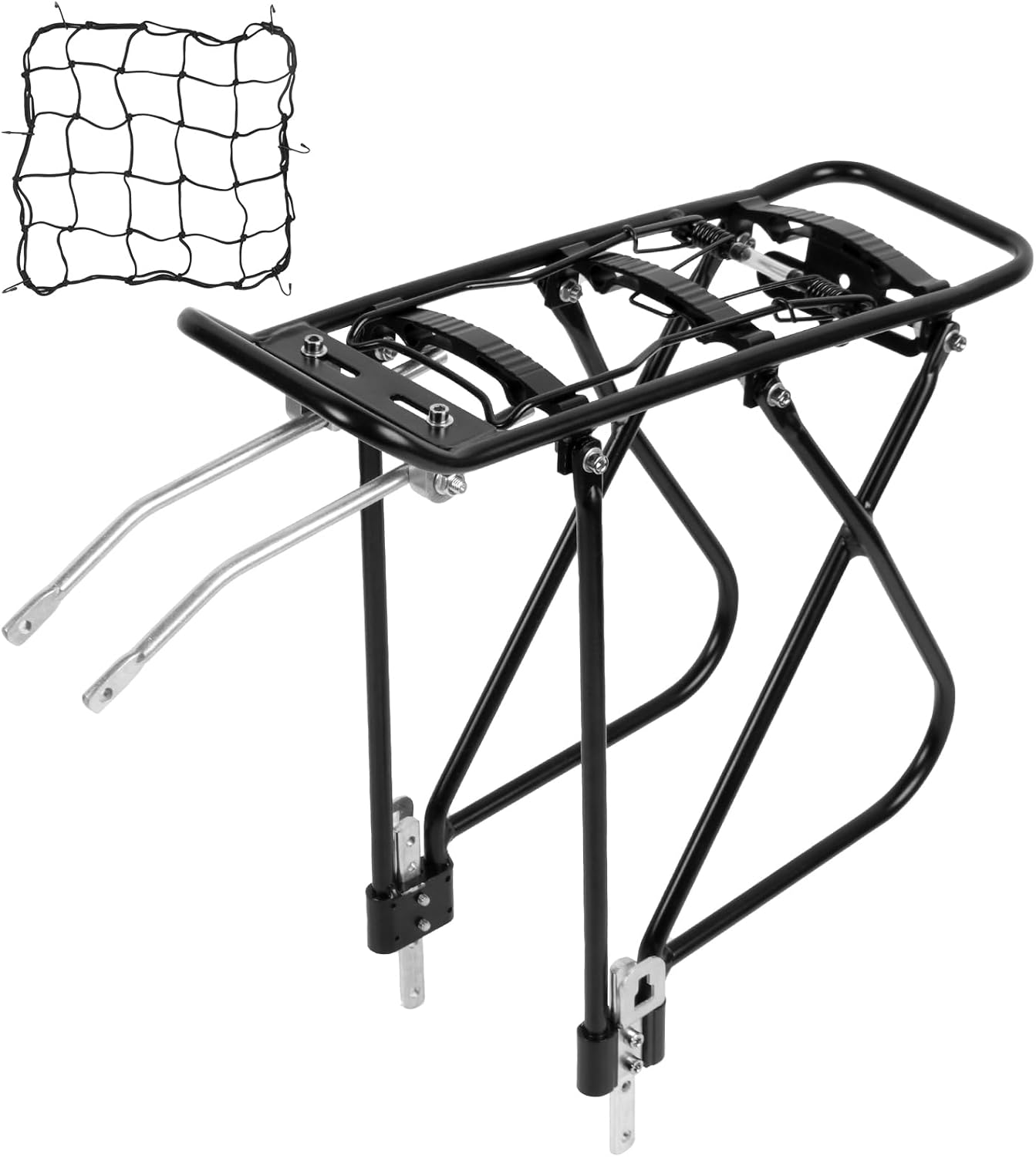 Bike Cargo Rack, Rear Bicycle Rack with Luggage Clip & Cargo Net, Height Adjustable, Fit 24-28”and 700C, 66lbs Capacity Easy to Install