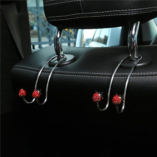 BESULEN Strawberry Car Decor Hooks, 2 Pack Bling Diamond Seat Back Organizers, Auto Headrest Storage Hangers Hooks for Purse Handbag Clothes Grocery, Universal Car Accessories for Women