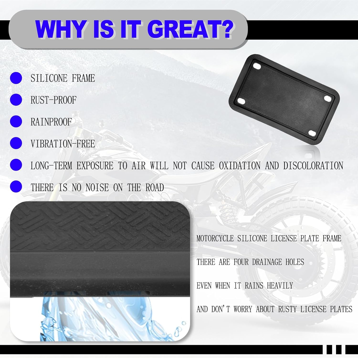 Motorcycle Silicone License Plate Frames, License Plate Cover 4x7 in, Rust Proof, Rattle Proof, Weather Proof License Plate Holder for Men Women