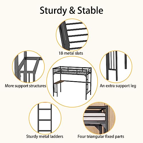Petfu Loft Bed Twin Size with Desk, Metal Loft Bed Frame with Ladder and Safety Rails, Space-Saving, Noise Free, No Spring Box Needed, Black - 2024 New