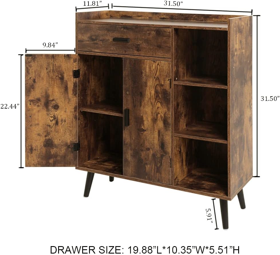 usikey Mid-Century Storage Cabinet with 1 Drawer 2 Doors 3 Shelves & Bookcase Storage Cabinet, Free Standing Cupboard with 4 Legs, Wine Cupboard with Door, for Bedroom Home Office, Rustic Brown