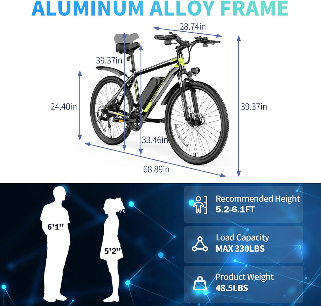 DEEPOWER S26 Electric Bike for Adult 500W Ebike 26" Mountain Electric Bicycle 48V 12.8Ah Battery 25-45Miles 25MPH Electric Bicycles 21-Speed Front Fork Suspension