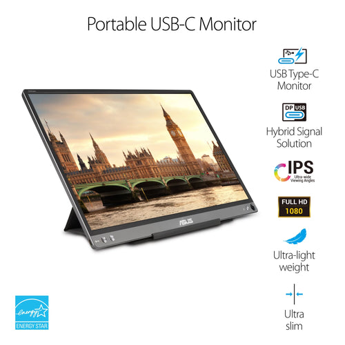 ASUS ZenScreen MB16ACE 15.6" Full HD 1920 x 1080 IPS USB Type-C Portable USB Monitor, Hybrid Signal Solution, USB Type-C, Flicker Free, Blue Light Filter, Anti-glare Surface