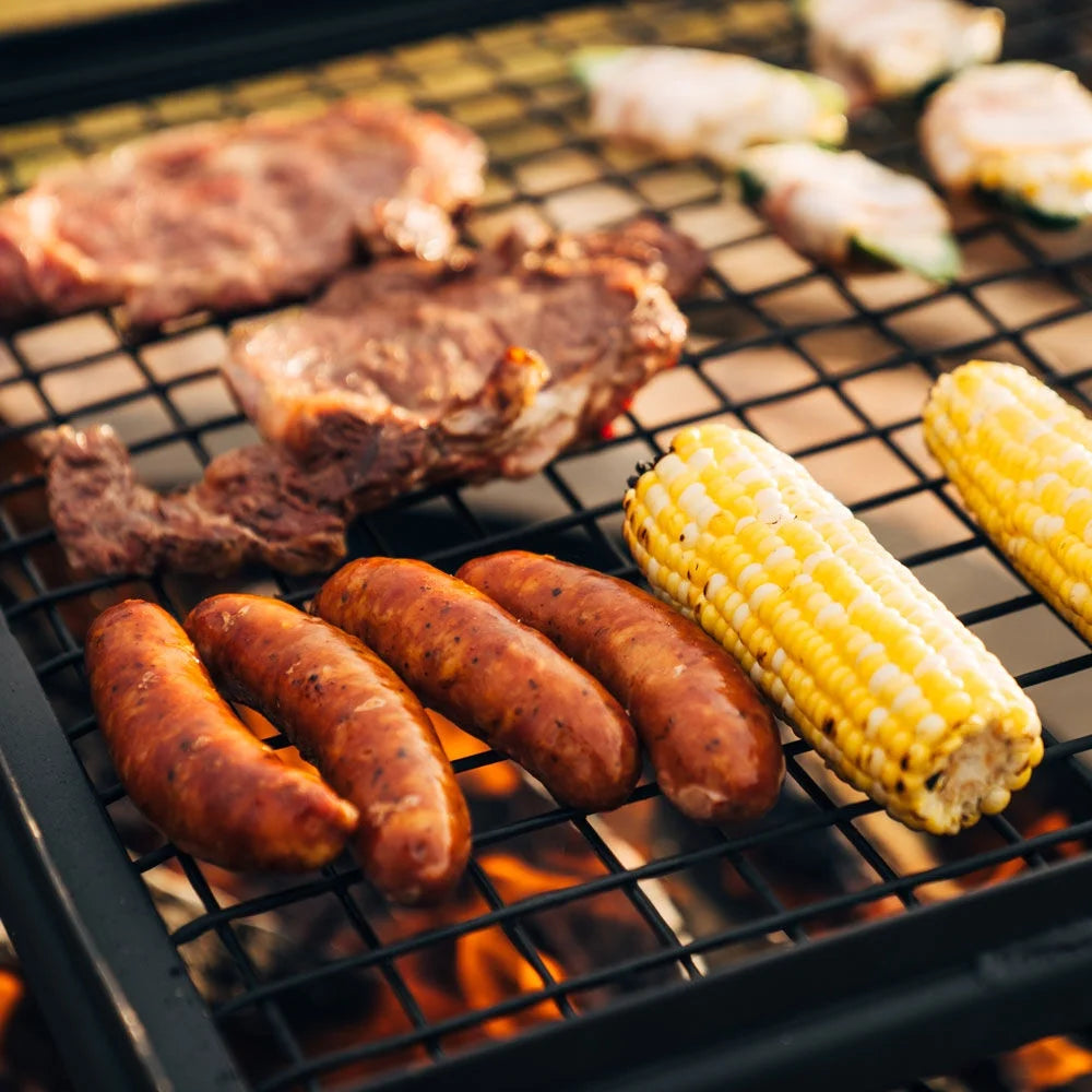 Ash & Ember Adjustable Swivel Grill, Steel Mesh Wire Cooking Grate with Spike Pole, Open Fire Portable BBQ Camping Gear