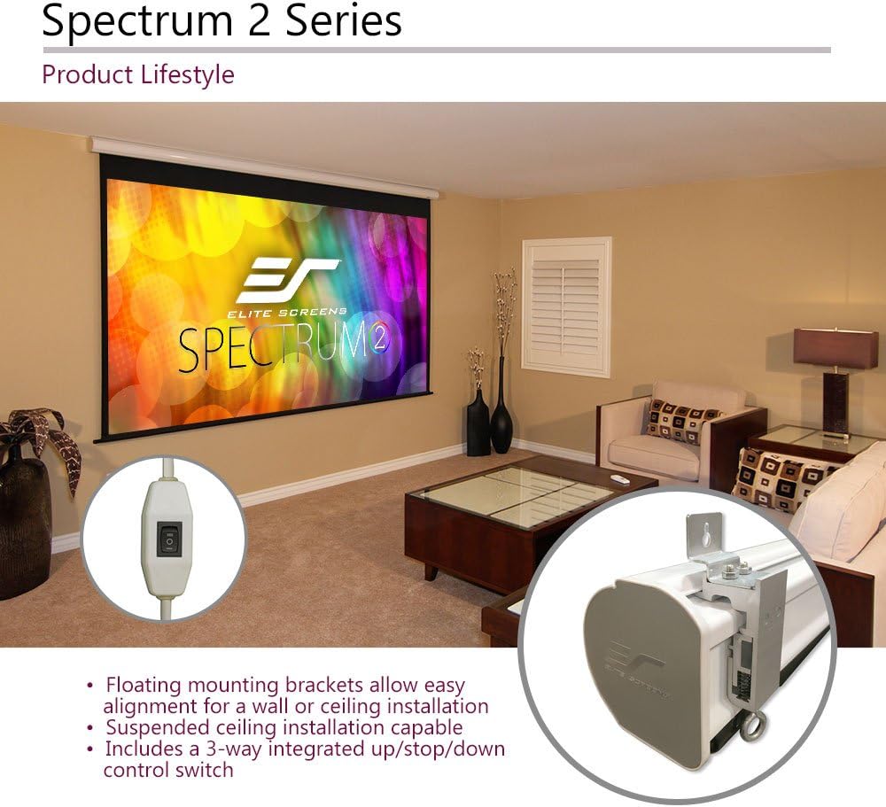 Elite Screens Spectrum 2, 100-inch 16:9, 12-inch Drop, Electric Motorized Drop Down Projection Projector Screen, SPM100H-E12