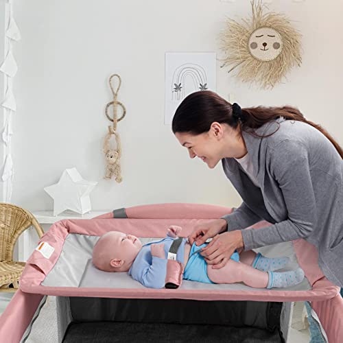 5 in 1 Baby Crib,Baby Bassinet, Bedside Cribs, Pack and Play with Bassinet and Changing Table, Portable Travel Baby Playpen with Bassinet Toys & Music Box,Mattress for Girl Boy Infant Newborn (Grey)