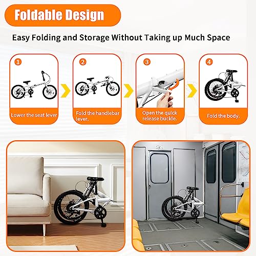 20 Inch Folding Bike, 7 Speed Foldable Bike for Adults, Folding City Bike with Dual Disc, Brakes Compact Light Weight Carbon Steel White Adult Bike