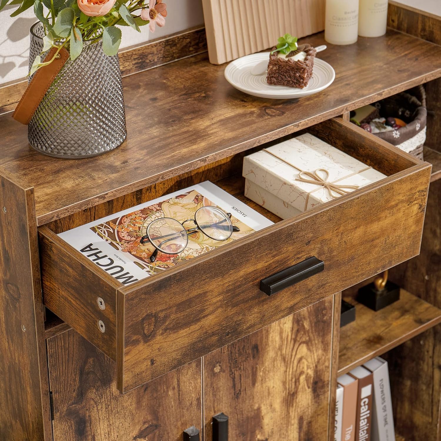 usikey Mid-Century Storage Cabinet with 1 Drawer 2 Doors 3 Shelves & Bookcase Storage Cabinet, Free Standing Cupboard with 4 Legs, Wine Cupboard with Door, for Bedroom Home Office, Rustic Brown