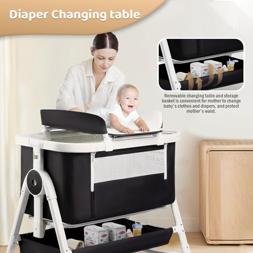 4 in 1 Baby Bassinet, Bassinet Bedside Sleeper with Wheels and Storage Basket, Adjustable 7 Heights Bedside Sleeper with Changing Station, Breathable Mesh Rocking Bassinet for Baby/Newborn