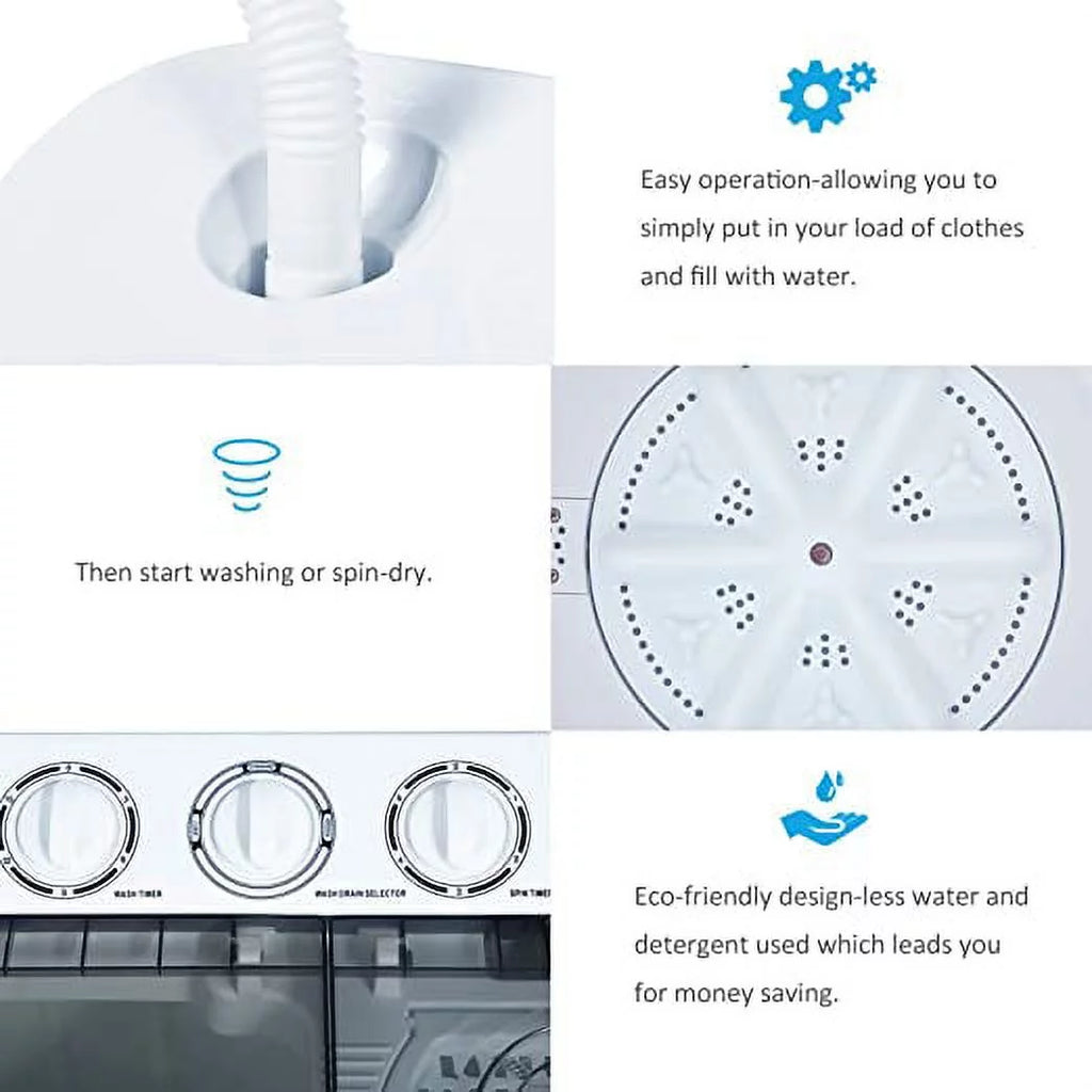 KUPPET Washing Machine, 21Ibs Portable Mini Compact Twin Tub Washer Spin Dryer, Ideal for Dorms, Apartments, RVs, Camping etc, White & Grey