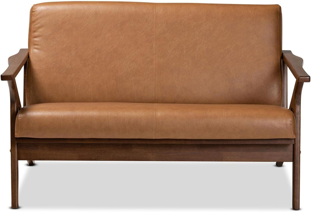 Baxton Studio Bianca Mid-Century Modern Walnut Brown Finished Wood and Tan Faux Leather Effect Loveseat