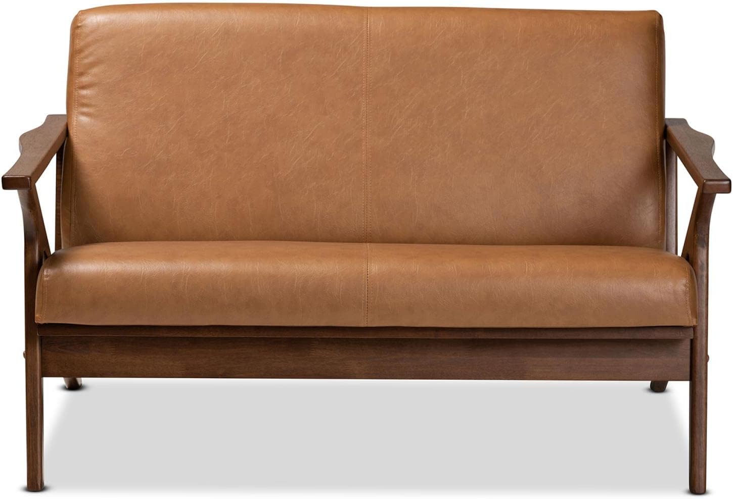 Baxton Studio Bianca Mid-Century Modern Walnut Brown Finished Wood and Tan Faux Leather Effect Loveseat