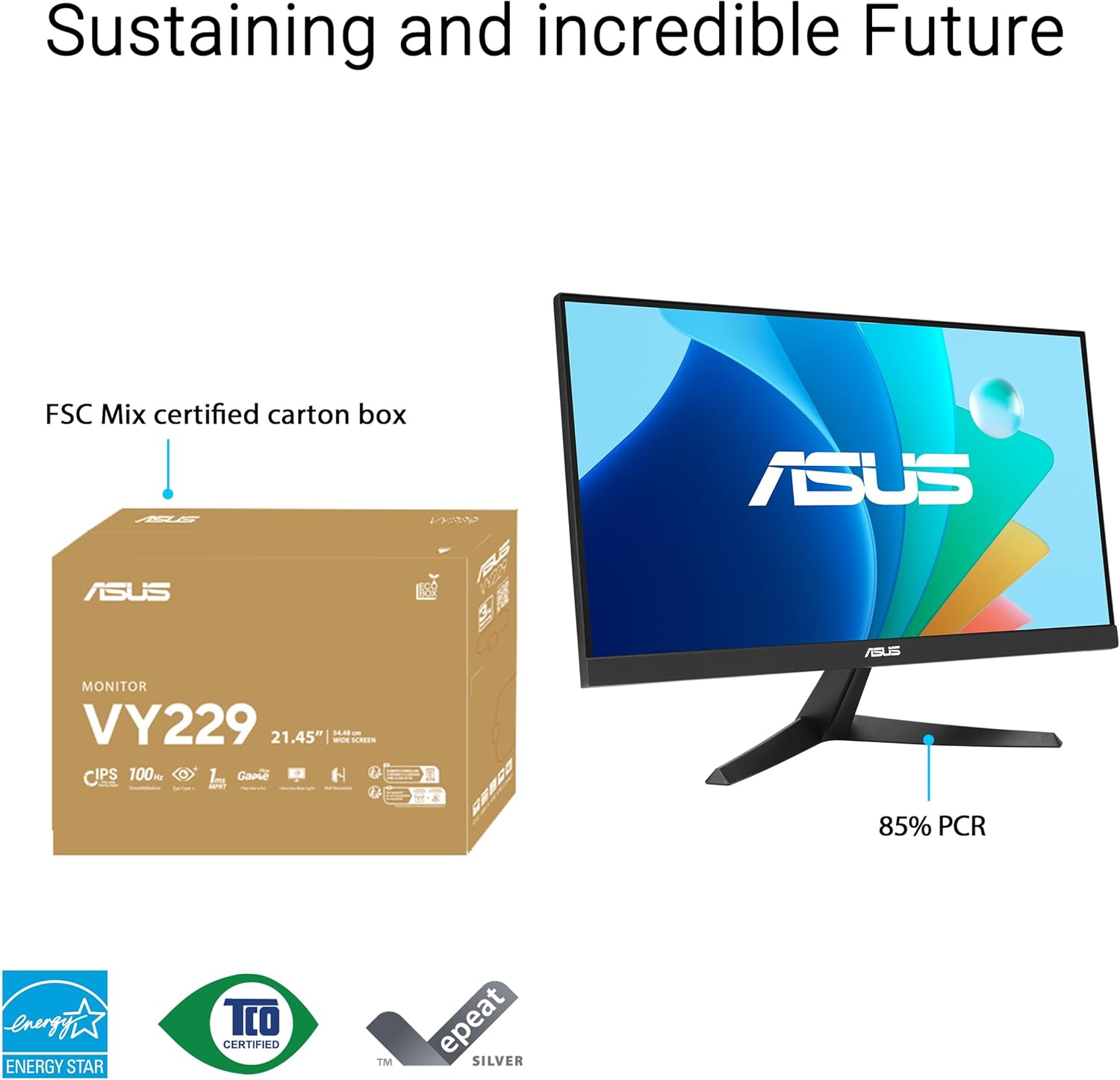 ASUS 22” (21.45" viewable) Eye Care Monitor (VY229HF) - Full HD, IPS, 100Hz, 1ms, SmoothMotion, Adaptive Sync, Eye Care Plus Technology, Blue Light Filter, Flicker Free, Tilt 3 yr Warranty
