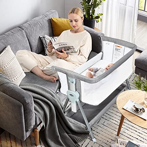 INFANS Baby Bassinet Bedside Crib, Newborn Sleeper w/Large Storage Basket, Adjustable Heights & Angle, Detachable &Washable Mattress, Breathable Mesh, Straps, Easy Moving Bed Side (Dark Grey)