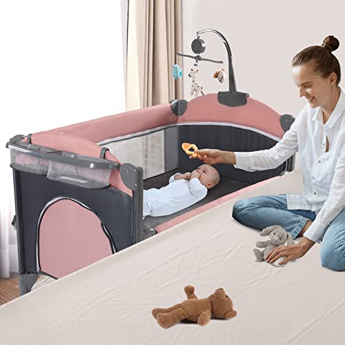 5 in 1 Baby Crib,Baby Bassinet, Bedside Cribs, Pack and Play with Bassinet and Changing Table, Portable Travel Baby Playpen with Bassinet Toys & Music Box,Mattress for Girl Boy Infant Newborn (Grey)
