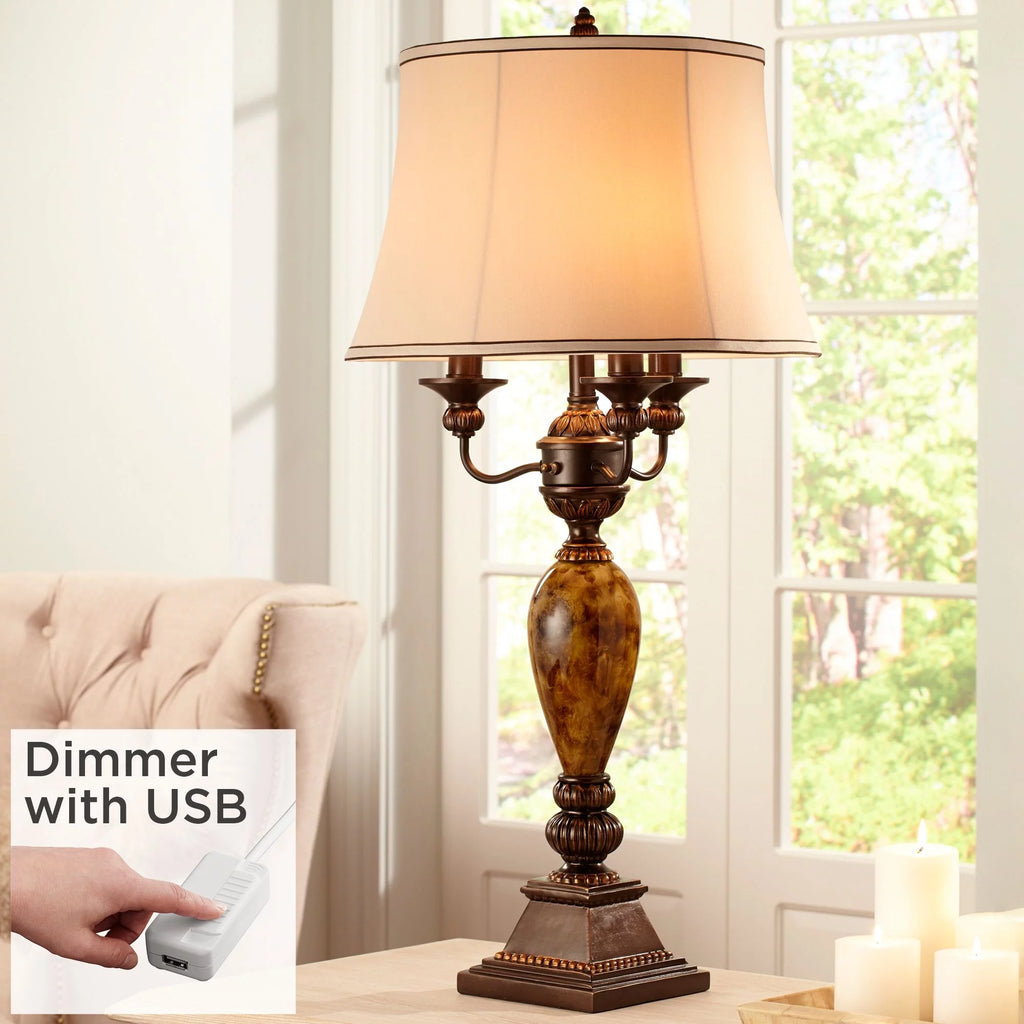 Kathy Ireland Traditional Table Lamp with White USB Dimmer Cord 37" Tall Bronze Golden Marbleized White Shade Living Room Bedroom