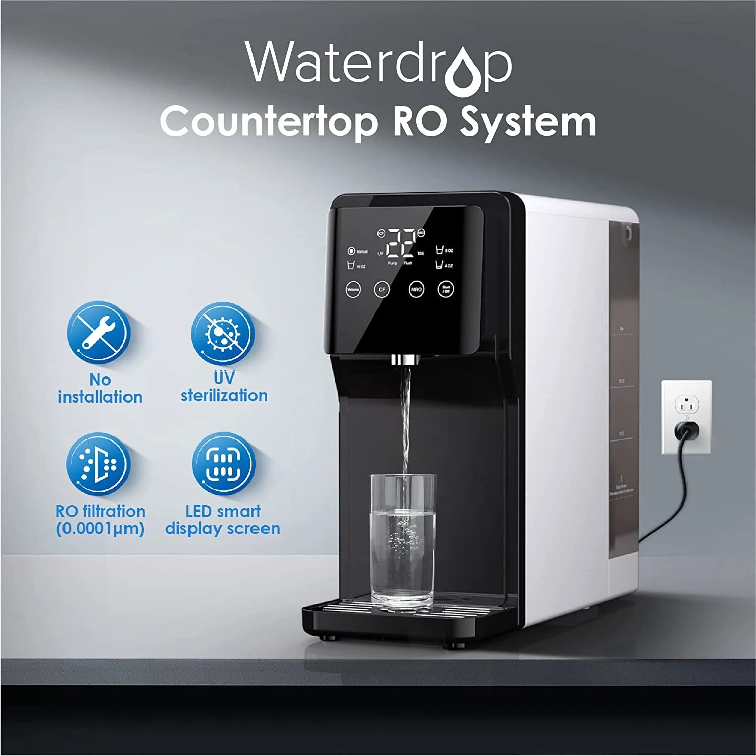 Waterdrop N1 Countertop Reverse Osmosis Water Filter System, TDS Reduction, Filter Life Reminder, 4-Stage Water Filter,Automatic Flushing, 3:1 Pure to Drain, UV Sterilization, No Installation Required