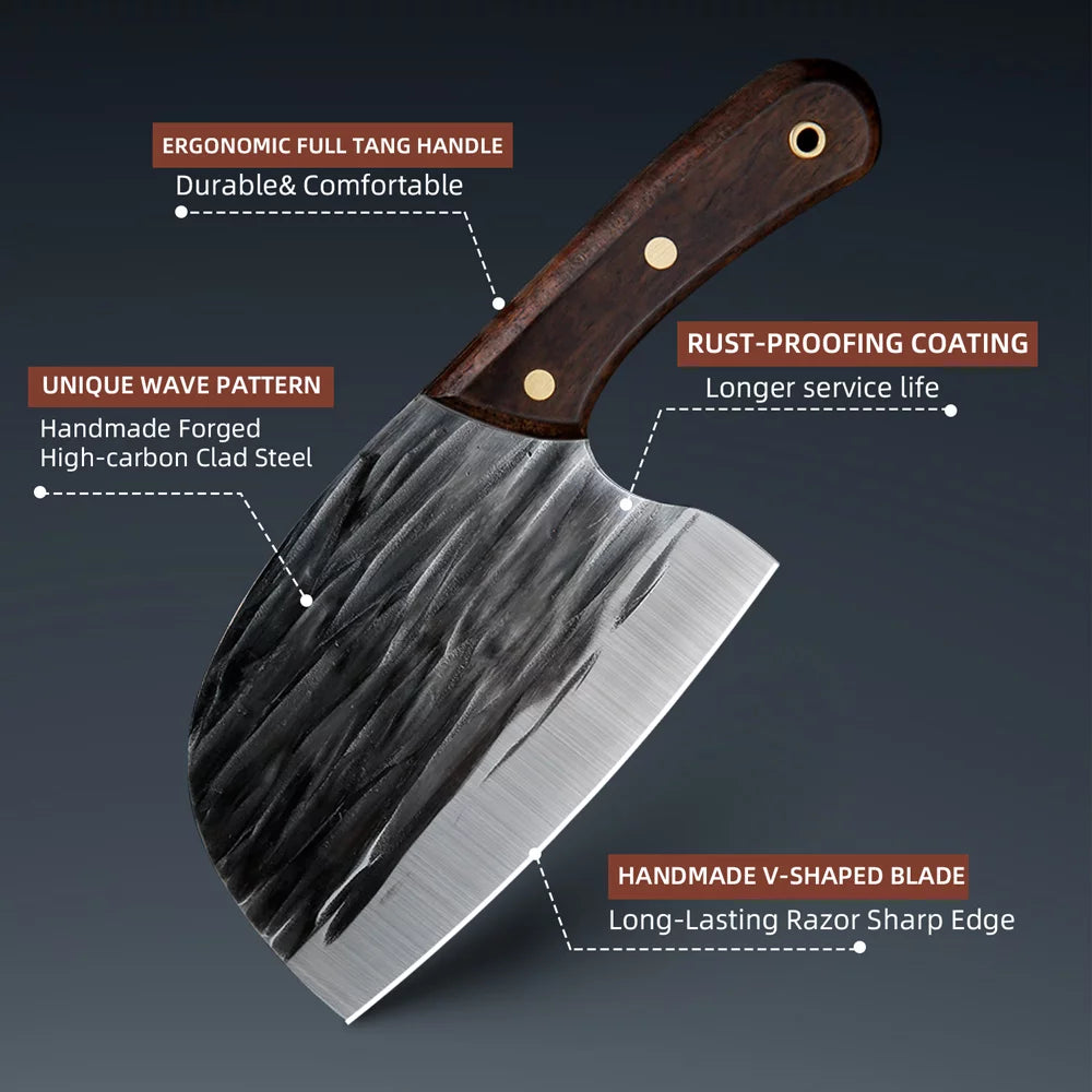 Meat Cleaver Knife 6" Handmade Forged Kitchen Butcher Knife Serbian Chef Knife Full Tang with Sheath High Carbon Steel Knives for Camping BBQ Cutting