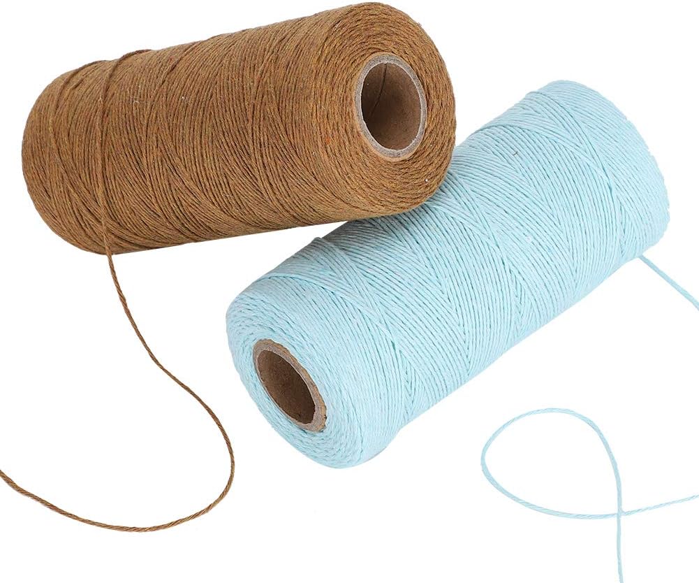 2 Rolls Craft Cotton Thread Twine Pure Cotton Yarn Tensile Resistant 8/4 Warp Thread for Knitting Tatting Carpet Tapestry(Brown+Light Blue)