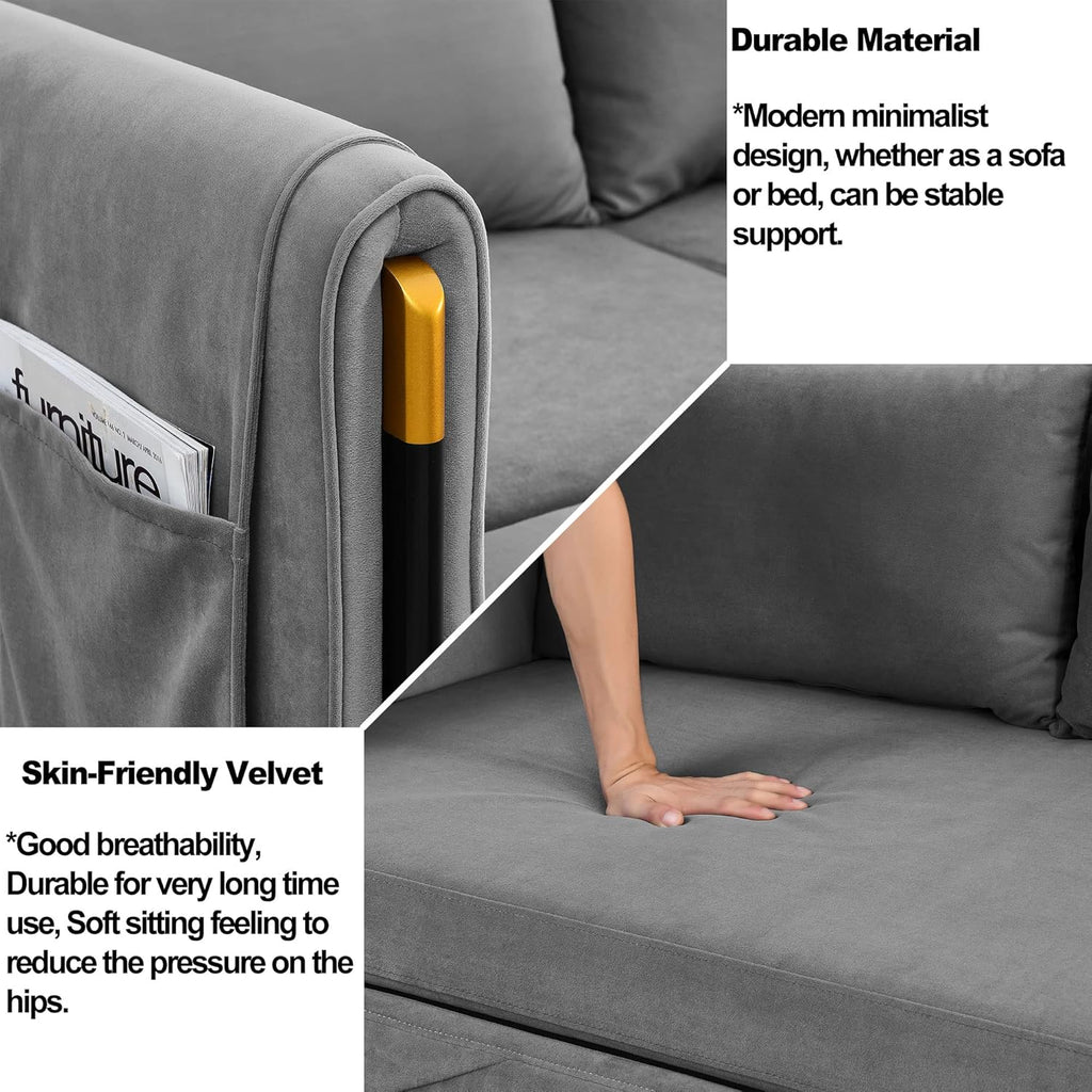 54" Velvet Loveseat, Modern Convertible Sofa Detachable Arm Pockets, Comfortable Couch with Pull Out Bed and 2 Pillows for Living Room Apartment Office, Gray