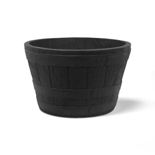 19" Whiskey Barrel Polyresin Indoor and Outdoor Planter with Textured Wood Finish - Durable, Weatherproof, Lightweight, Large Plant Pot for Patio, Garden, Deck, Entryway
