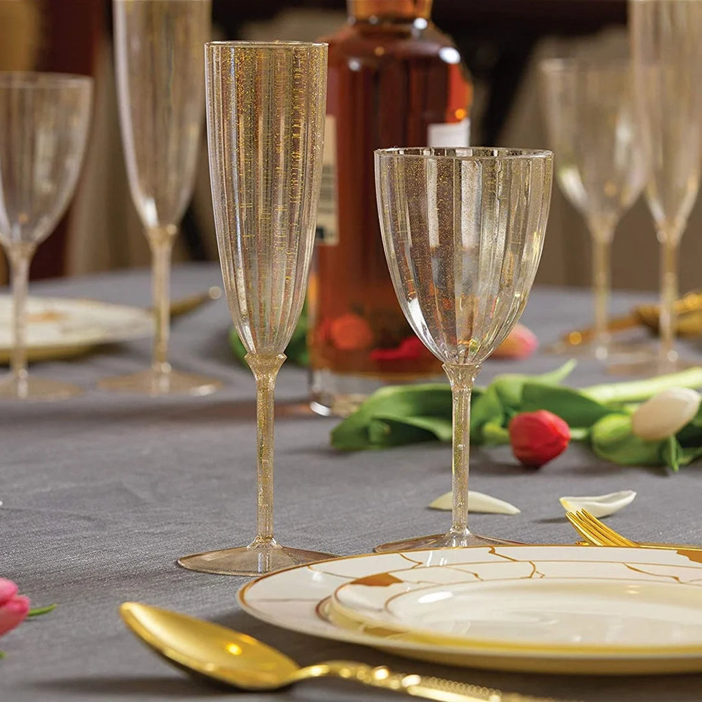 VeZee Disposable Plastic Gold Glitter Disposable Wine Glasses Goblet 7 Oz Pack of 16