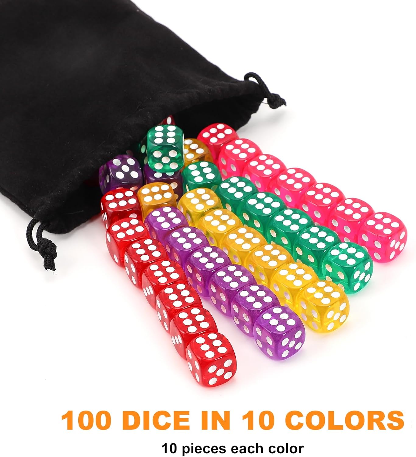 100Pcs Colored Dice Set Standard 16mm Game Dice Bulk with a Black Drawstring Storage Bag, for Math Learning, Dice for Classroom