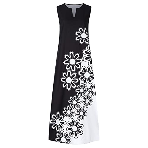 Women's Casual Sundress Sleeveless V Neck Loose Maxi Dress Summer Beach Cover Up Printed Long Tank Maxi Dresses with Pocket