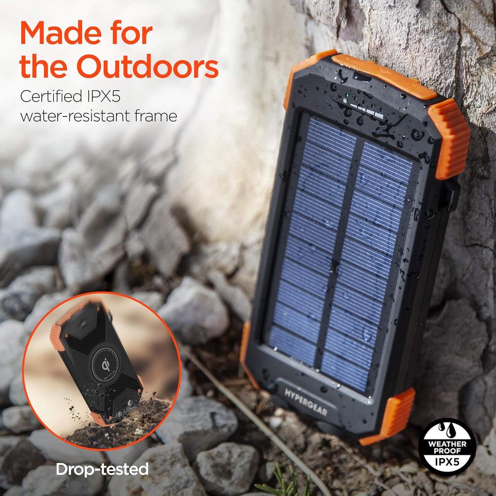 HyperGear Solar Wireless 10000mAh Portable Charger [Built-in Wireless Charging Pad,Solar Charging Panel,2 high-speed USB Ports,LED Flashlight,Compass]