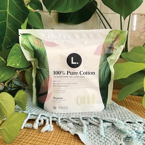 L. Pure Cotton Topsheet Pads for Women, Regular Absorbency, Ultra Thin Pads with Wings, Unscented menstrual pads, 56 Count (Packaging May Vary)