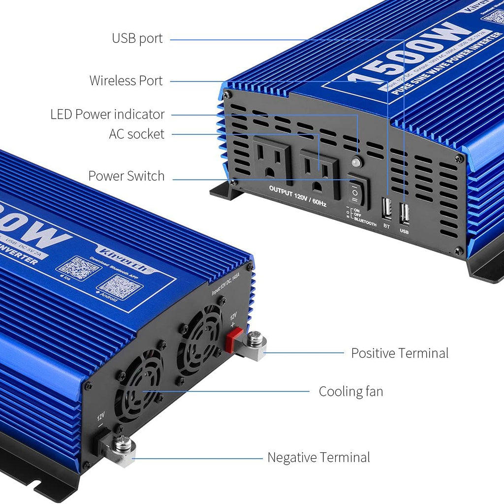 Kinverch 1500W Pure Sine Wave Power Inverter 12V DC to 110V AC Car Inverter with Bluetooth and 2AC Outlets &USB Port for Truck /RV /Home