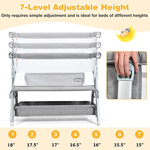 INFANS Baby Bassinet Bedside Crib, Newborn Sleeper w/Large Storage Basket, Adjustable Heights & Angle, Detachable &Washable Mattress, Breathable Mesh, Straps, Easy Moving Bed Side (Dark Grey)