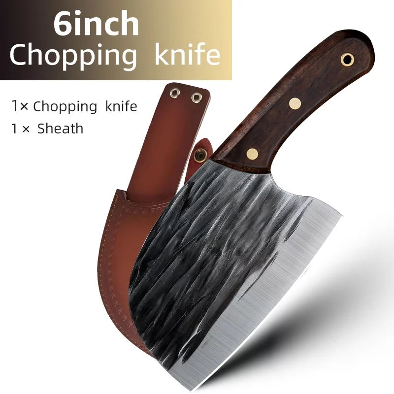 Meat Cleaver Knife 6" Handmade Forged Kitchen Butcher Knife Serbian Chef Knife Full Tang with Sheath High Carbon Steel Knives for Camping BBQ Cutting