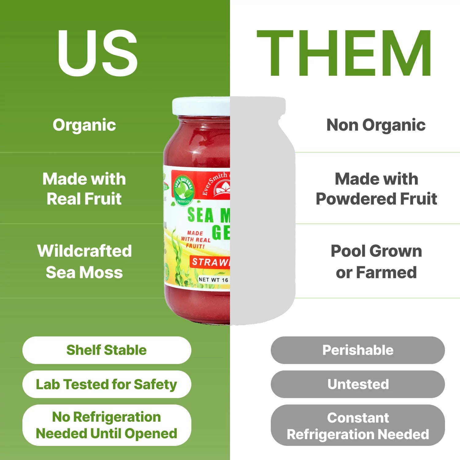 Organic Sea Moss Gel (Strawberry) - LARGE 16 OZ - Real Fruit - Wildcrafted Sea Moss