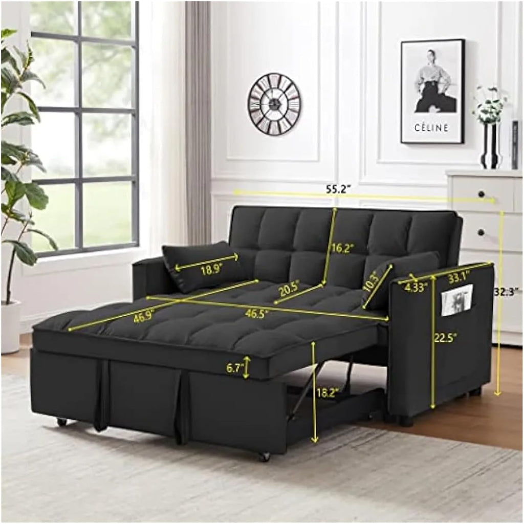 TONDI 55 Inch Convertible Sleeper Sofa 3 in 1 Velvet Small Loveseat with Pull Out Bed, Reclining Backrest, Light Gray,Sofa Couch, qz-7461