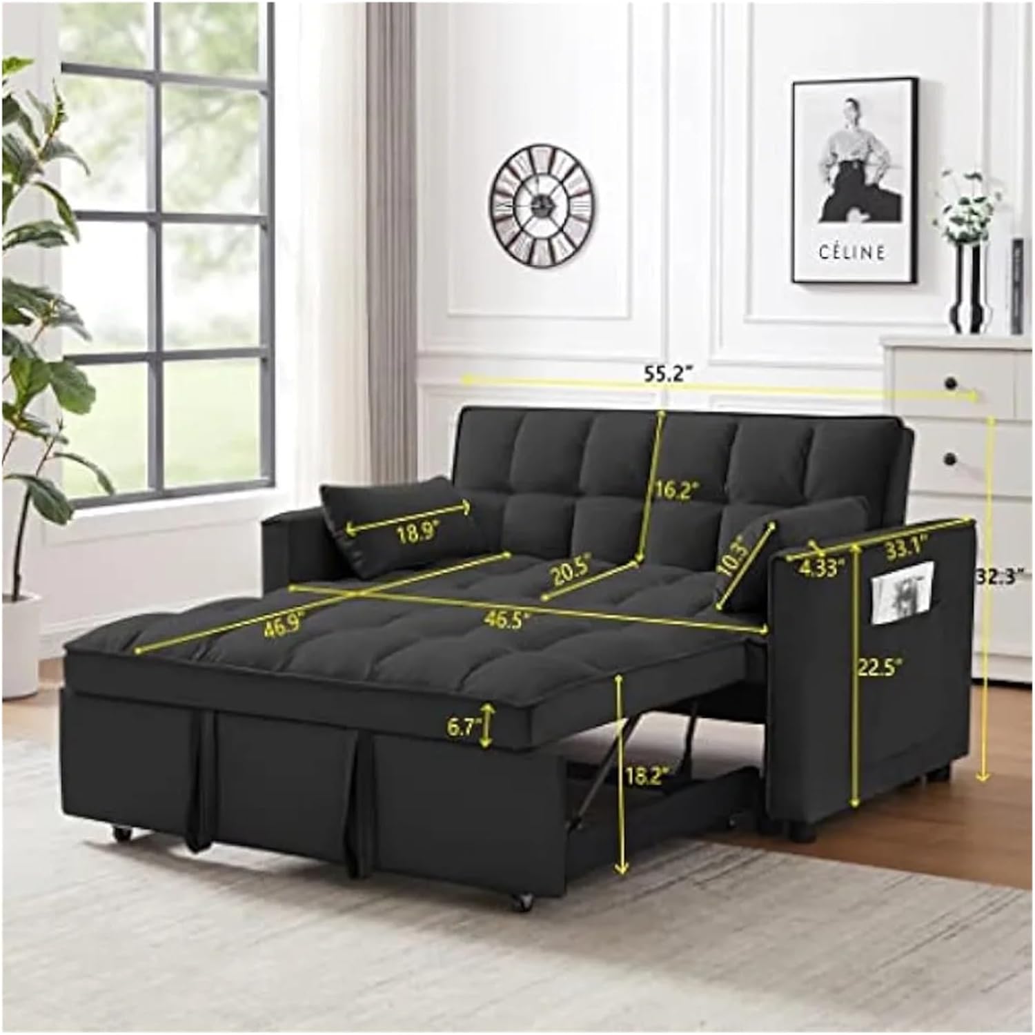 TONDI 55 Inch Convertible Sleeper Sofa 3 in 1 Velvet Small Loveseat with Pull Out Bed, Reclining Backrest, Light Gray,Sofa Couch, qz-7461