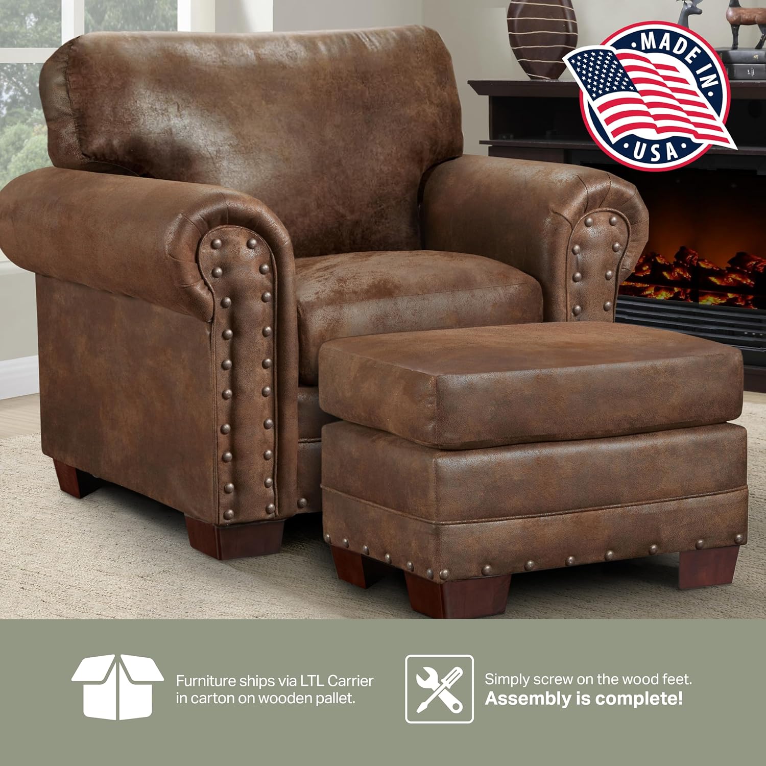 American Furniture Classics Model 8501-00-20 Buckskin Arm Matching Chair and Ottoman, Brown Pinto