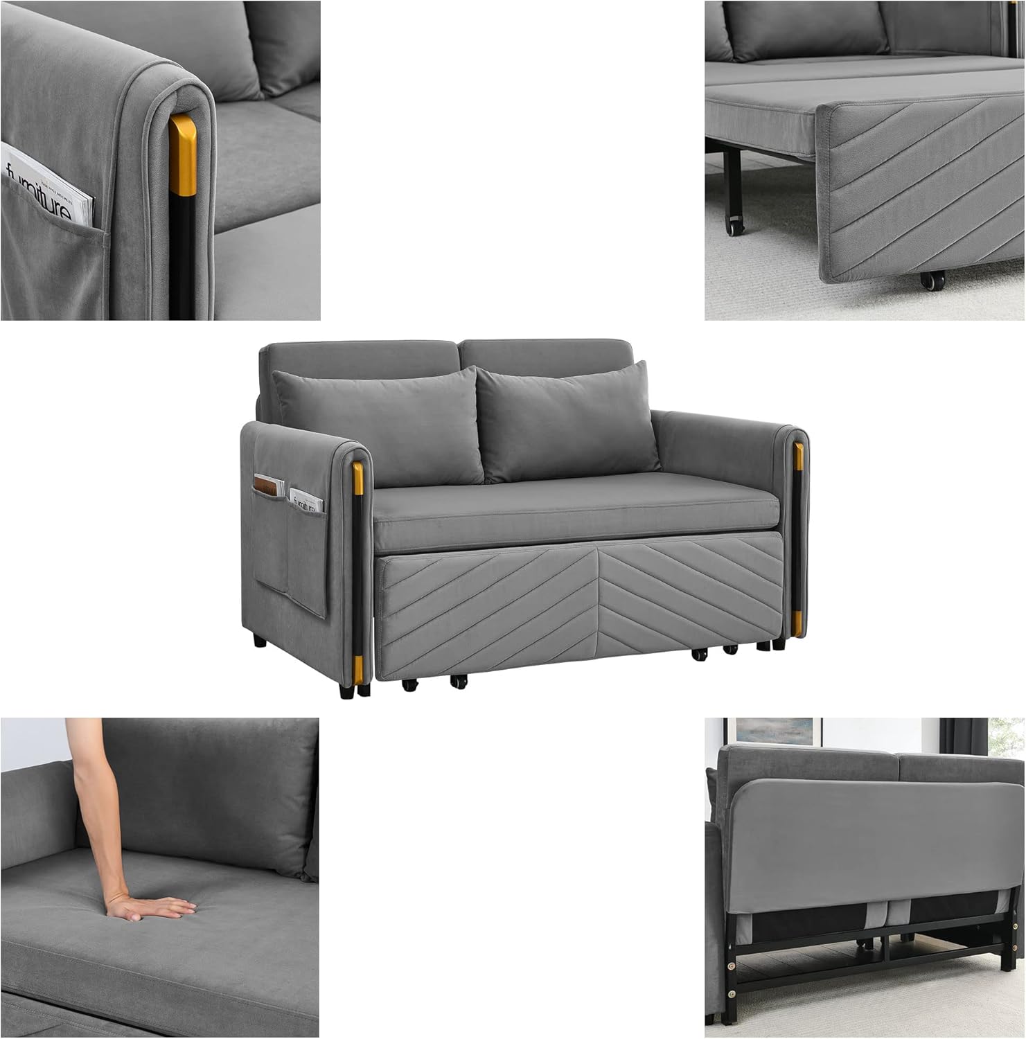 54" Velvet Loveseat, Modern Convertible Sofa Detachable Arm Pockets, Comfortable Couch with Pull Out Bed and 2 Pillows for Living Room Apartment Office, Gray