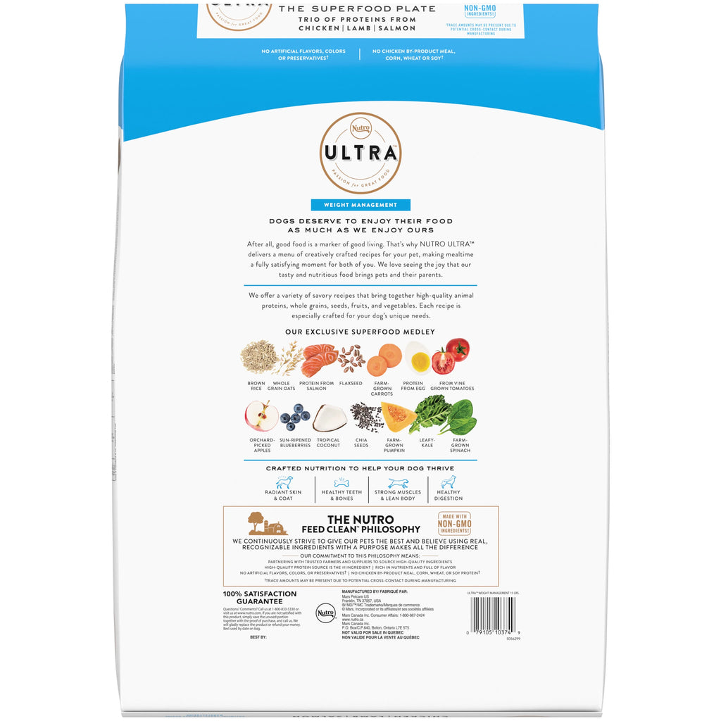 Nutro Ultra Adult Weight Management High Protein Natural Dry Dog Food For Weight Control With A Trio Of Proteins From Chicken, Lamb And Salmon, 15 Lb. Bag