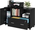 File Cabinet with Drawers and Lock, Wood Lateral Filing Cabinet, Rolling Printer Stand with Open Shelves for Home Office, Black