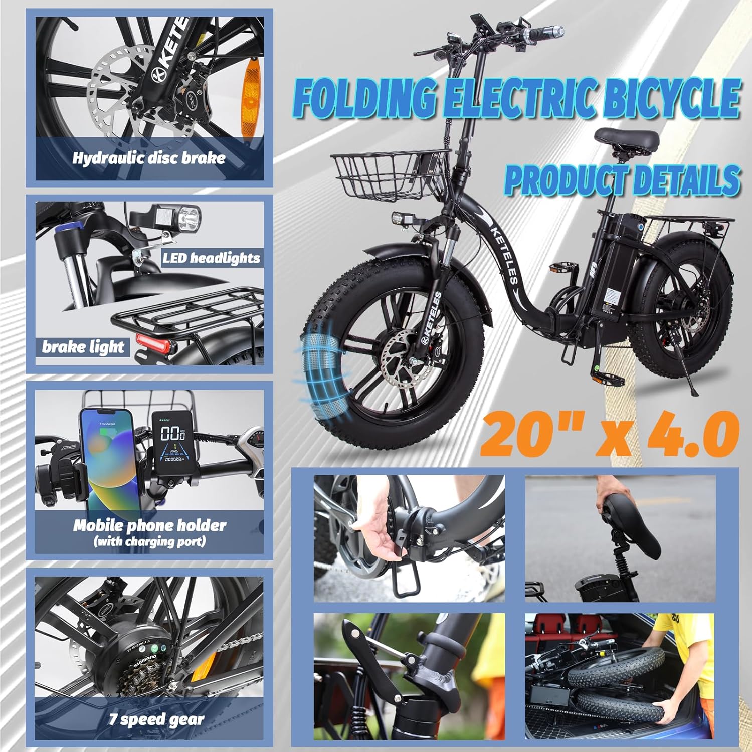 Electric Bike for Adults 2000W Folding Electric Bike Ebike with 48V 23AH Removable Battery 20''x 4.0 Fat Tire Electric Bicycle Long Range E Bike with Color Display Hydraulic Brake 7 Speed Gears