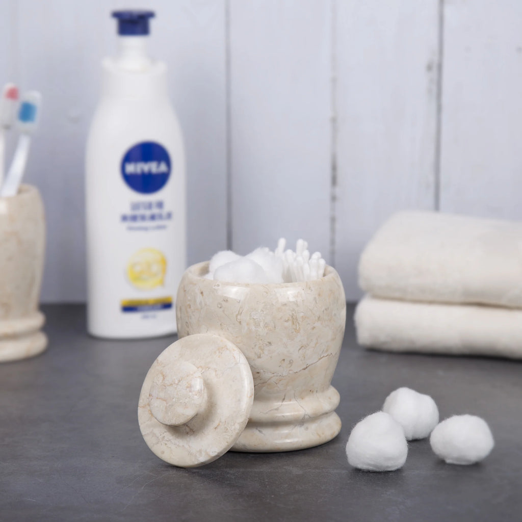 Creative Home Natural Champagne Marble Cotton Ball Swab Holder, Q-Tip Holder, Bathroom Storage Jar Container Organizer