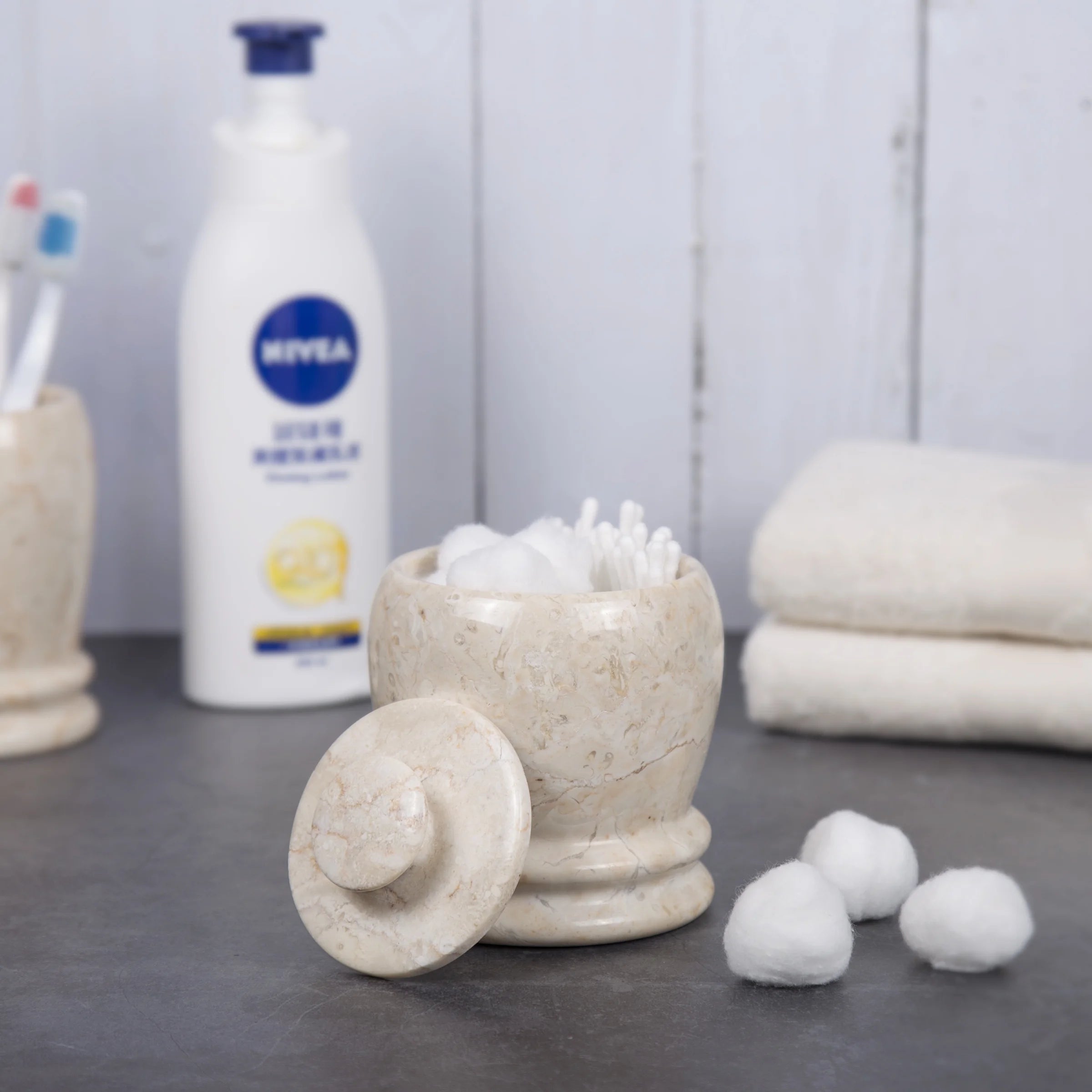 Creative Home Natural Champagne Marble Cotton Ball Swab Holder, Q-Tip Holder, Bathroom Storage Jar Container Organizer