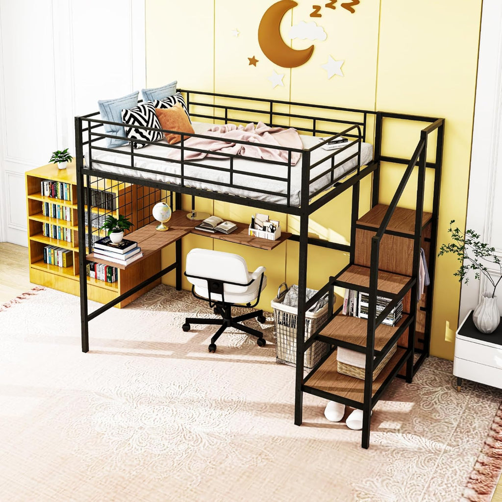 Harper & Bright Designs Metal Full Size Loft Bed with Desk and and Metal Grid, Loft Bed Full with Storage Stairs and Wardrobe,Space Saving Loft Bed with Desk Underneath for Kids Teens, Black