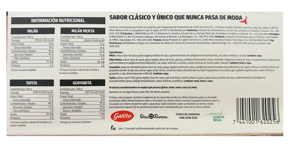 Cholate Gallito Choco Risas Tapita, Milan, Guayabita, Milan Menta. Assortment Pack 330g Product from Costa Rica