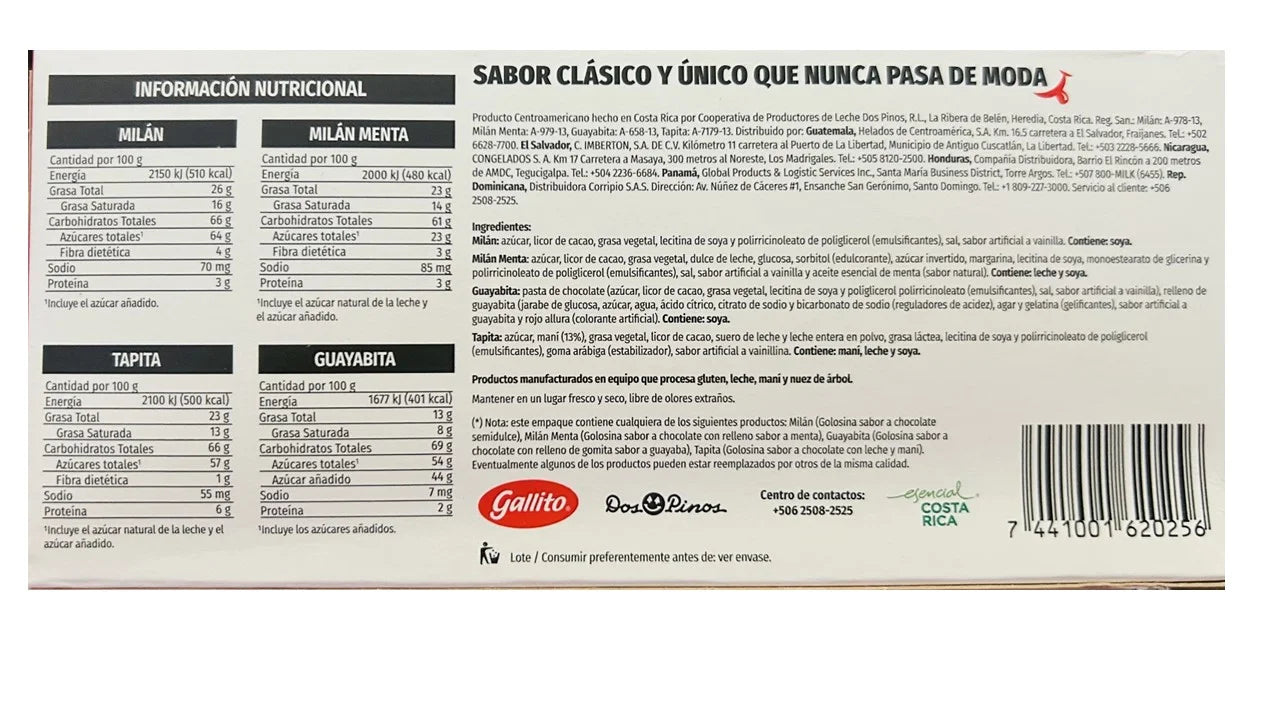 Cholate Gallito Choco Risas Tapita, Milan, Guayabita, Milan Menta. Assortment Pack 330g Product from Costa Rica