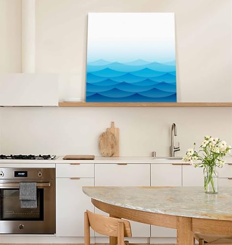Blue Ocean Waves Canvas Print Wall Art Painting, Modern Wall Decor for Bedroom Living Room Giclee Artwork HD Picture Strenched and Framed Abstract Ombre Mountain Peak
