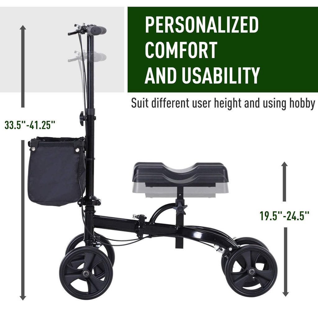 HOMCOM Medical Foldable Steerable Leg Knee Walker Scooter with Basket Attachment, Size: 14.25, Black
