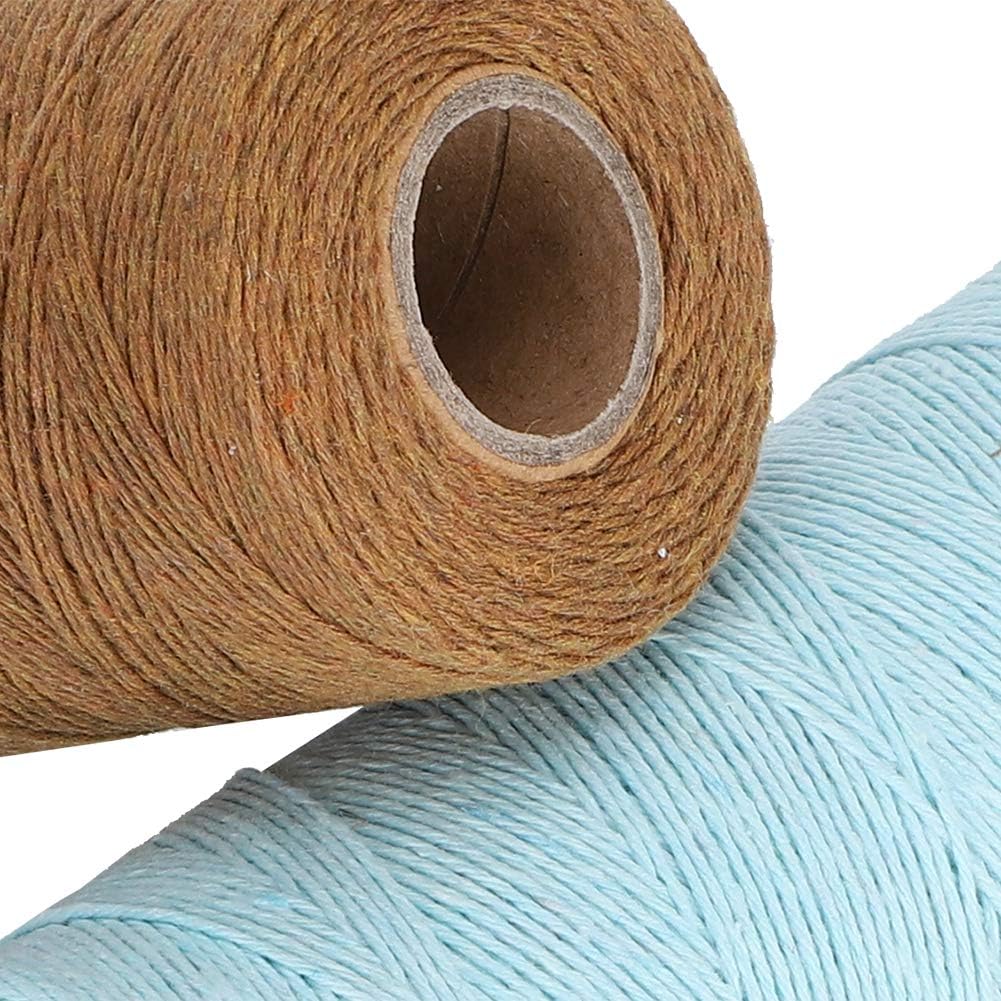 2 Rolls Craft Cotton Thread Twine Pure Cotton Yarn Tensile Resistant 8/4 Warp Thread for Knitting Tatting Carpet Tapestry(Brown+Light Blue)